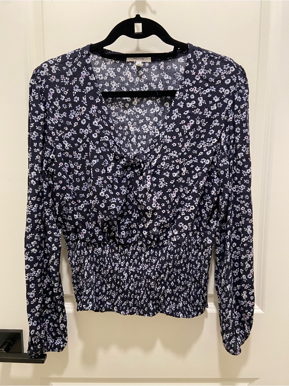 Floral Tie-Front Long-Sleeve Top - Navy